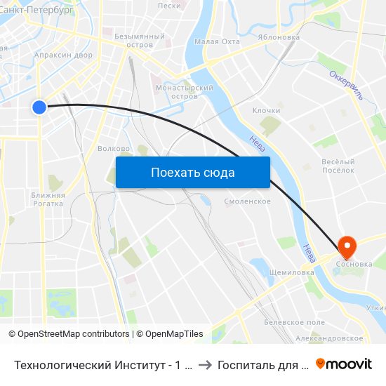 Технологический Институт - 1 (Tekhnologicheskiy Institut - 1) to Госпиталь для ветеранов войн map