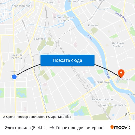 Электросила (Elektrosila) to Госпиталь для ветеранов войн map