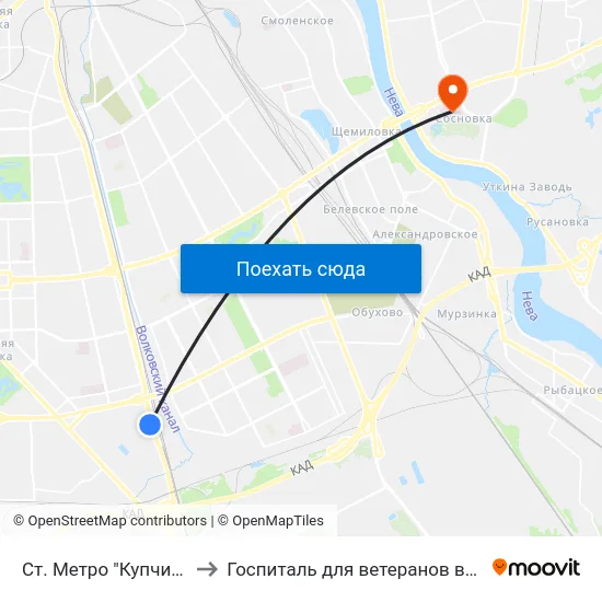 Ст. Метро "Купчино" to Госпиталь для ветеранов войн map