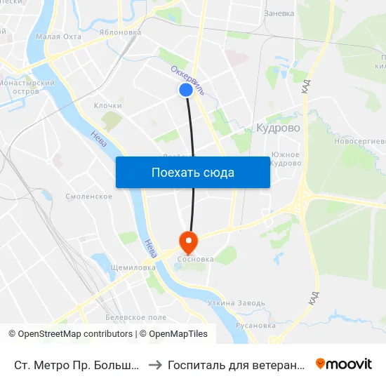 Ст. Метро Пр. Большевиков to Госпиталь для ветеранов войн map