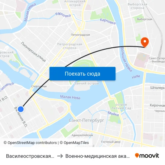 Василеостровская (Vasileostrovskaya) to Военно-медицинская академия имени С. М. Кирова map