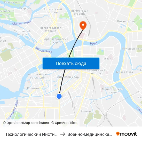 Технологический Институт - 1 (Tekhnologicheskiy Institut - 1) to Военно-медицинская академия имени С. М. Кирова map