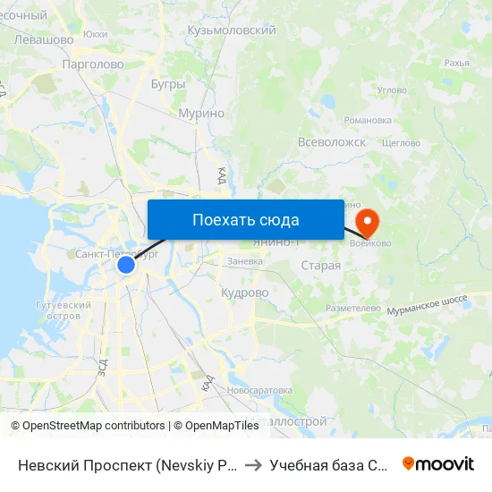 Невский Проспект (Nevskiy Prospekt) to Учебная база СПбГУТ map
