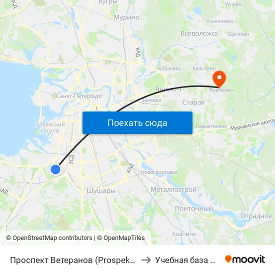 Проспект Ветеранов (Prospekt Veteranov) to Учебная база СПбГУТ map