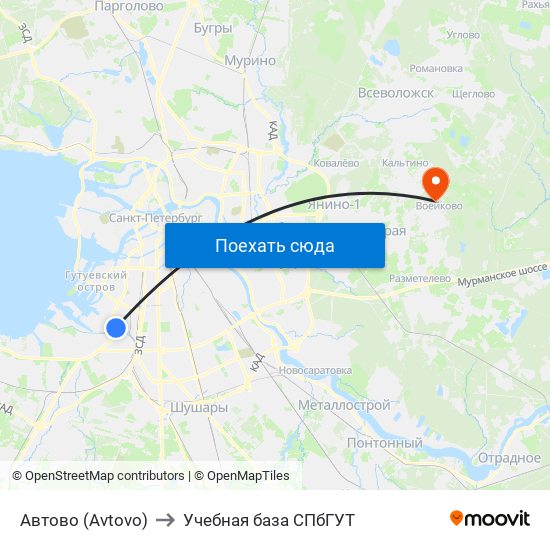 Автово (Avtovo) to Учебная база СПбГУТ map