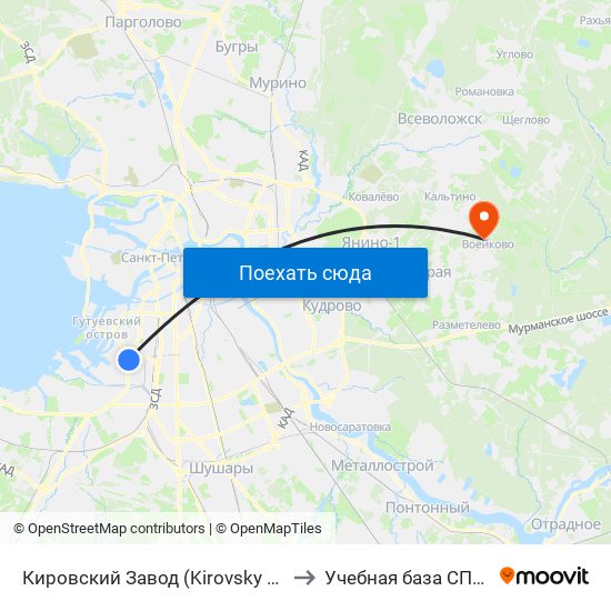 Кировский Завод (Kirovsky Zavod) to Учебная база СПбГУТ map