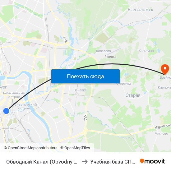 Обводный Канал (Obvodny Kanal) to Учебная база СПбГУТ map