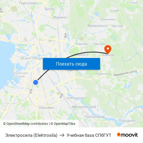 Электросила (Elektrosila) to Учебная база СПбГУТ map