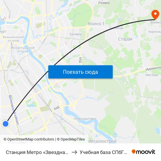 Станция Метро «Звездная» to Учебная база СПбГУТ map