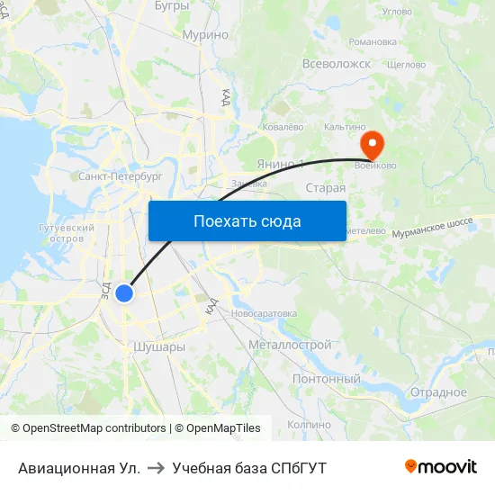 Авиационная Ул. to Учебная база СПбГУТ map