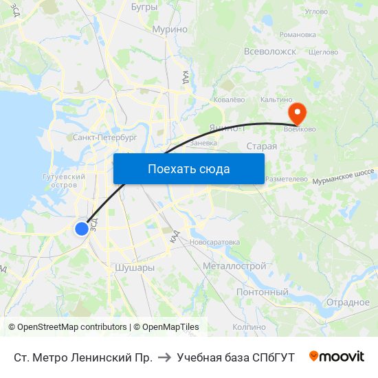 Ст. Метро Ленинский Пр. to Учебная база СПбГУТ map