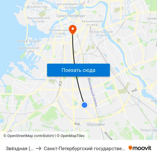 Звёздная (Zvyozdnaya) to Санкт-Петербургский государственный технологический институт map