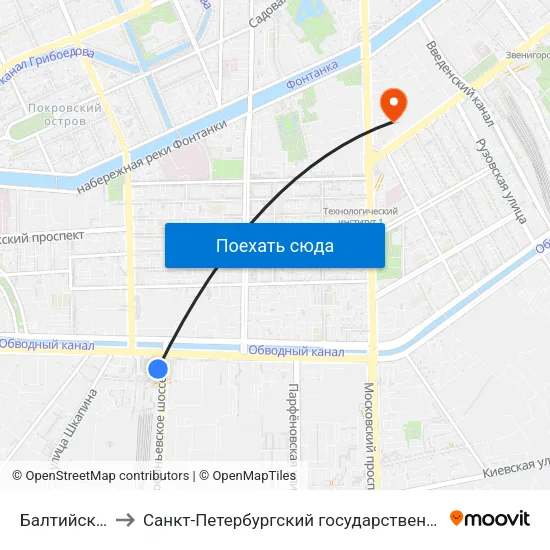 Балтийский Вокзал to Санкт-Петербургский государственный технологический институт map