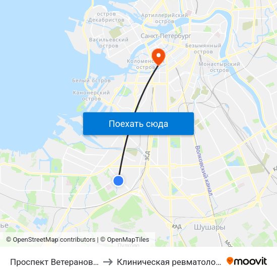 Проспект Ветеранов (Prospekt Veteranov) to Клиническая ревматологическая больница №25 map