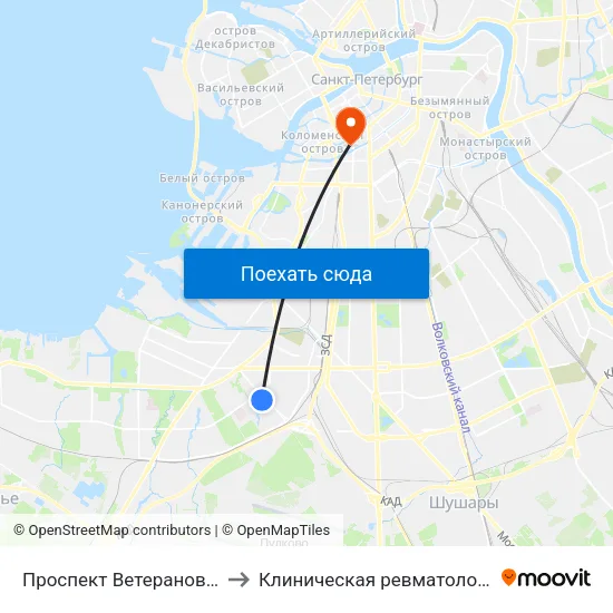Проспект Ветеранов (Prospekt Veteranov) to Клиническая ревматологическая больница №25 map