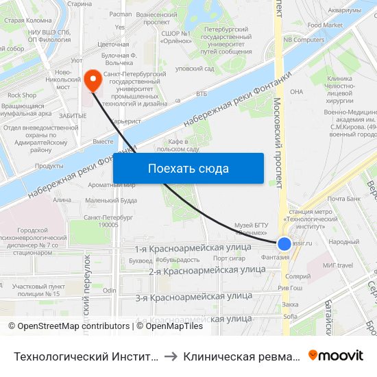 Технологический Институт - 1 (Tekhnologicheskiy Institut - 1) to Клиническая ревматологическая больница №25 map
