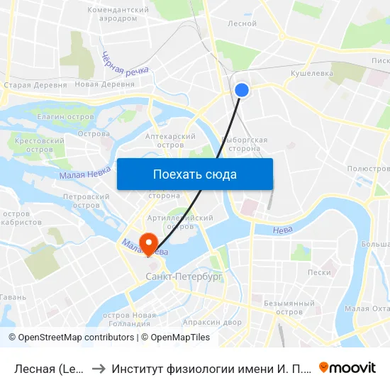 Лесная (Lesnaya) to Институт физиологии имени И. П. Павлова РАН map