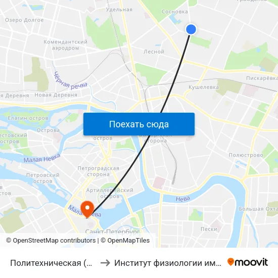 Политехническая (Politekhnicheskaya) to Институт физиологии имени И. П. Павлова РАН map