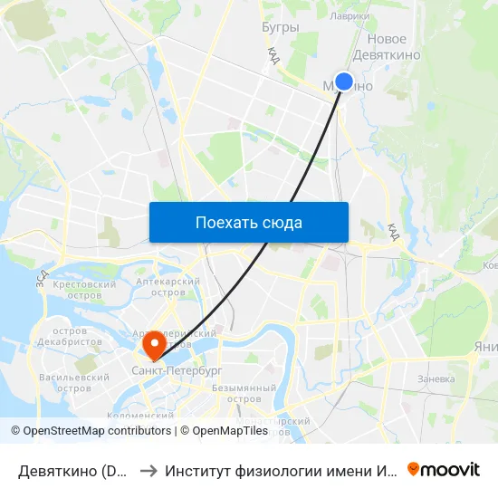 Девяткино (Devyatkino) to Институт физиологии имени И. П. Павлова РАН map