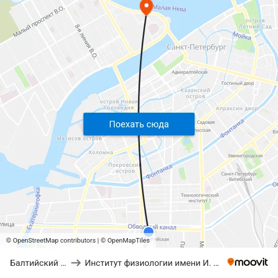 Балтийский Вокзал to Институт физиологии имени И. П. Павлова РАН map