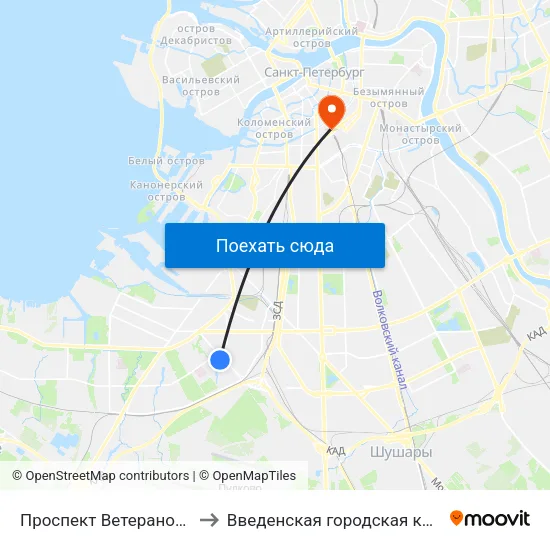 Проспект Ветеранов (Prospekt Veteranov) to Введенская городская клиническая больница №32 map