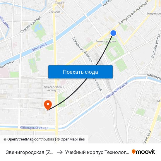 Звенигородская (Zvenigorodskaya) to Учебный корпус Технологического института map