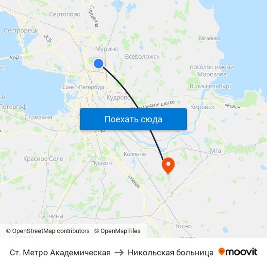 Ст. Метро Академическая to Никольская больница map