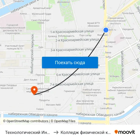 Технологический Институт - 1 (Tekhnologicheskiy Institut - 1) to Колледж физической культуры и спорта, экономики и технологии map