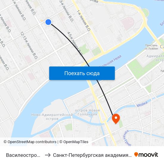 Василеостровская (Vasileostrovskaya) to Санкт-Петербургская академия Следственного комитета Российской Федерации map