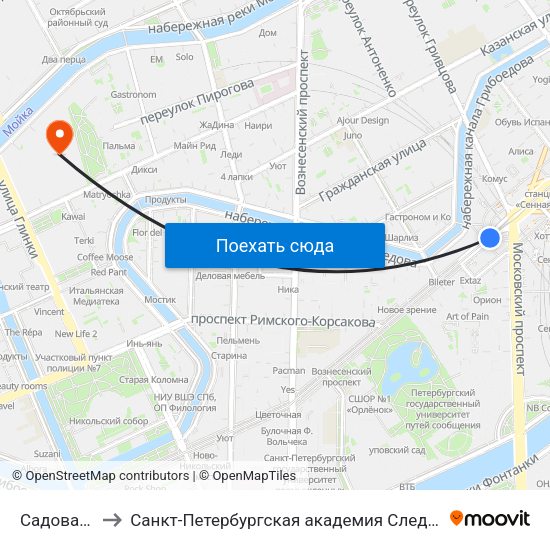 Садовая (Sadovaya) to Санкт-Петербургская академия Следственного комитета Российской Федерации map