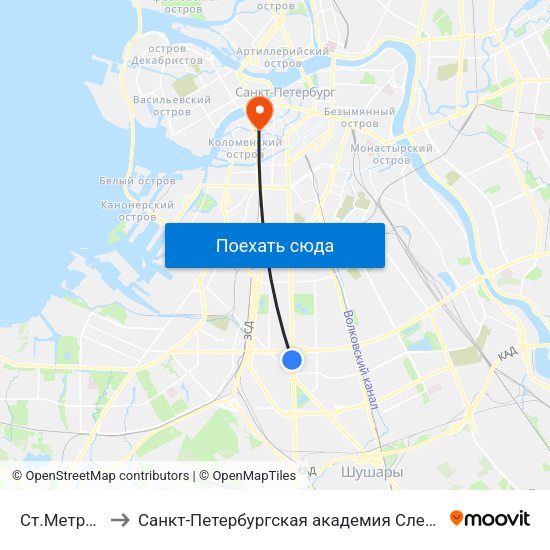 Ст.Метро Московская to Санкт-Петербургская академия Следственного комитета Российской Федерации map