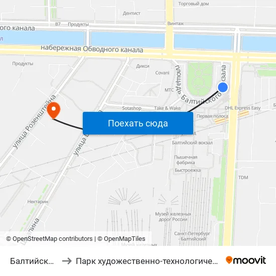Балтийский Вокзал to Парк художественно-технологических проектов СПбГУПТД map