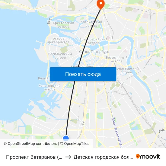 Проспект Ветеранов (Prospekt Veteranov) to Детская городская больница святой Ольги map