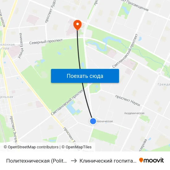 Политехническая (Politekhnicheskaya) to Клинический госпиталь МСЧ МВД map