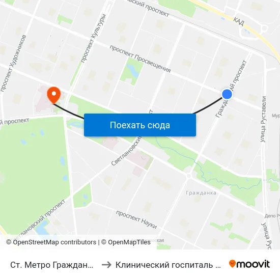 Ст. Метро Гражданский Пр. to Клинический госпиталь МСЧ МВД map