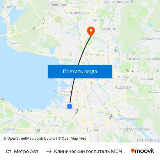 Ст. Метро Автово to Клинический госпиталь МСЧ МВД map