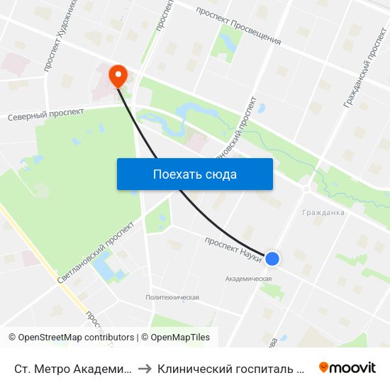 Ст. Метро Академическая to Клинический госпиталь МСЧ МВД map