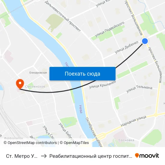 Ст. Метро Ул.Дыбенко to Реабилитационный центр госпиталя для ветеранов войн map