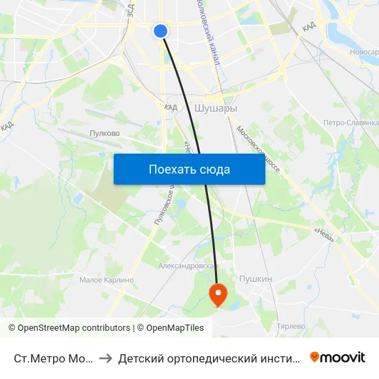 Ст.Метро Московская to Детский ортопедический институт им. Г. И. Турнера map