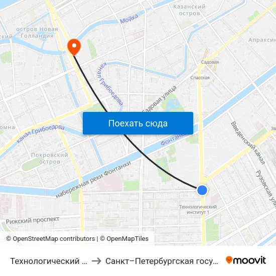 Технологический Институт - 1 (Tekhnologicheskiy Institut - 1) to Санкт–Петербургская государственная консерватория имени Н. А. Римского-Корсакова map
