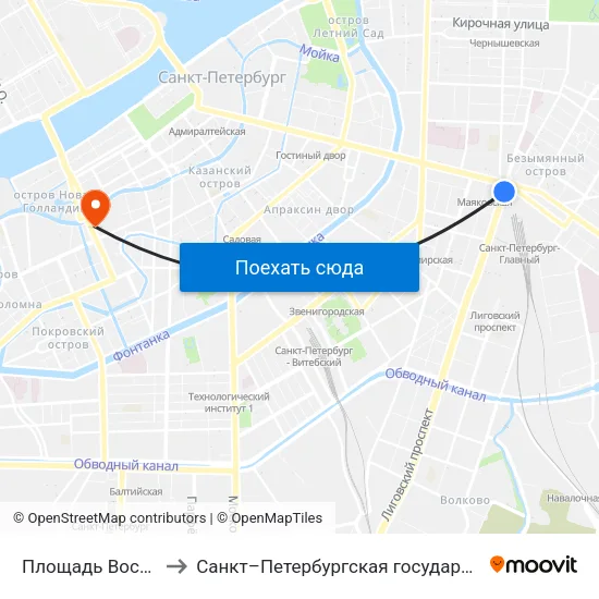 Площадь Восстания (Ploschad' Vosstaniya) to Санкт–Петербургская государственная консерватория имени Н. А. Римского-Корсакова map
