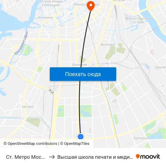Ст. Метро Московская to Высшая школа печати и медиатехнологий map
