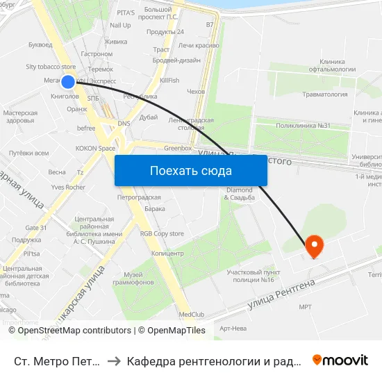 Ст. Метро Петроградская to Кафедра рентгенологии и радиационной медицины map