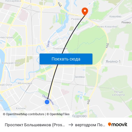 Проспект Большевиков (Prospekt Bol'Shevikov) to вертодром Поселковая map