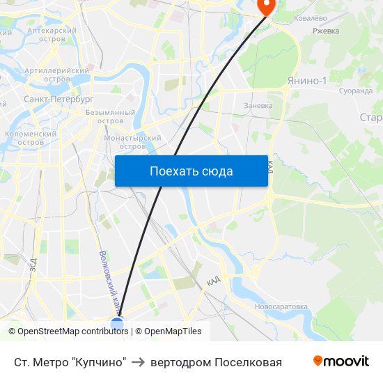 Ст. Метро "Купчино" to вертодром Поселковая map