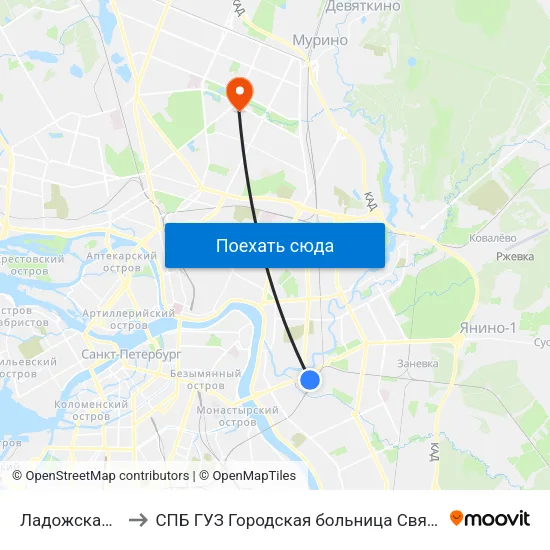 Ладожская (Ladozhskaya) to СПБ ГУЗ Городская больница Святой преподобной мученицы Елизаветы map