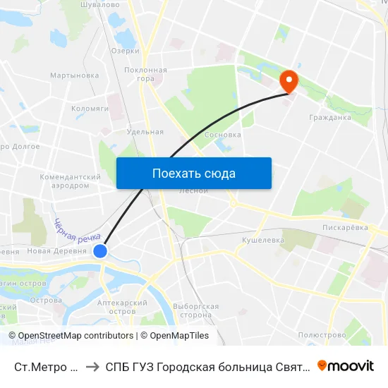 Ст.Метро Чёрная Речка to СПБ ГУЗ Городская больница Святой преподобной мученицы Елизаветы map