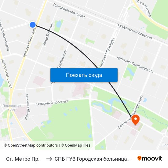 Ст. Метро Проспект Просвещения to СПБ ГУЗ Городская больница Святой преподобной мученицы Елизаветы map