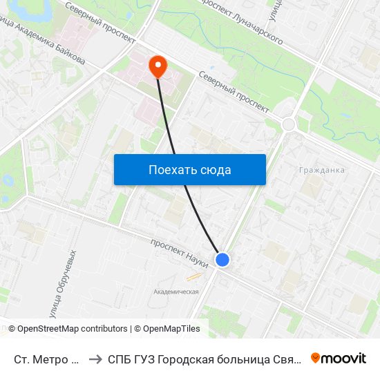 Ст. Метро Академическая to СПБ ГУЗ Городская больница Святой преподобной мученицы Елизаветы map