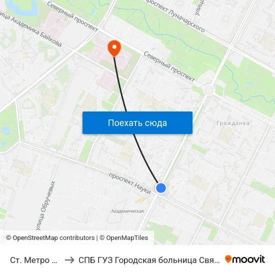 Ст. Метро Академическая to СПБ ГУЗ Городская больница Святой преподобной мученицы Елизаветы map